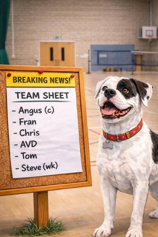 Winston the Boxer, Bayshill CC club president, inspecting the team sheet